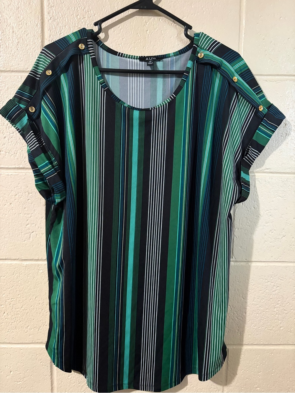 AUW Women’s Green & Black Striped Button-Shoulder Blouse